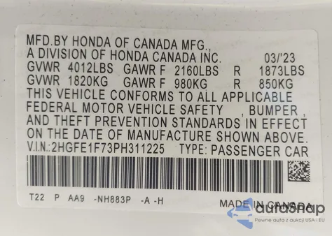 2023 Honda Civic Ex /Ex W/O Bsi from USA, damaged, VIN 2HGFE1F73PH311225